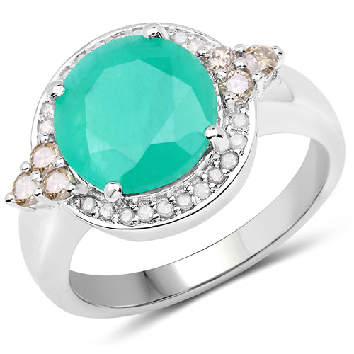 3.51 Carat Genuine Emerald, Champagne Diamond and White Diamond .925 Sterling Silver Ring on sale at MyriadMart