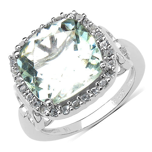 5.86 Carat Genuine Green Amethyst and Green Diamond .925 Sterling Silver Ring