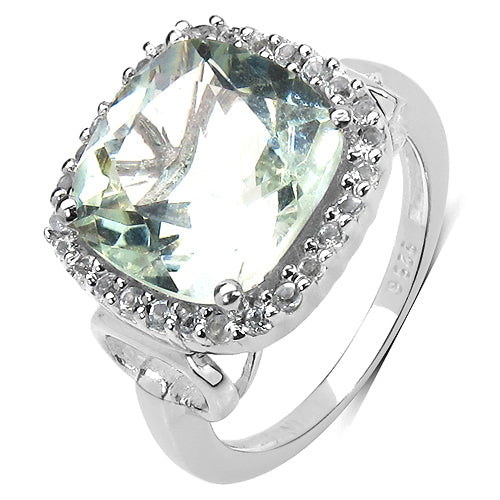 5.86 Carat Genuine Green Amethyst and Green Diamond .925 Sterling Silver Ring
