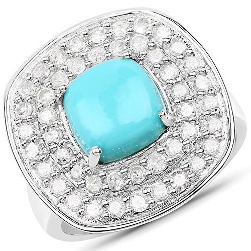 2.80 Carat Genuine Turquoise and White Diamond .925 Sterling Silver Ring on sale at MyriadMart