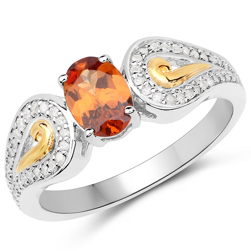 1.01 Carat Genuine Garnet and White Diamond 14K Yellow Gold with .925 Sterling Silver Ring on sale at MyriadMart