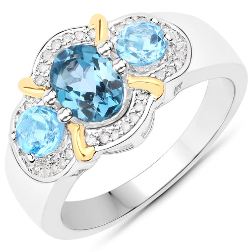 1.64 Carat Genuine London Blue Topaz, Swiss Blue Topaz and White Diamond .925 Sterling Silver Ring on sale at MyriadMart