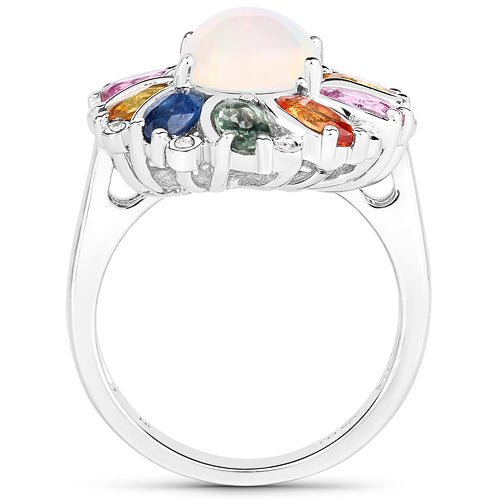 3.92 Carat Genuine Ethiopian Opal, Multi Sapphire and White Diamond .925 Sterling Silver Ring on sale at MyriadMart