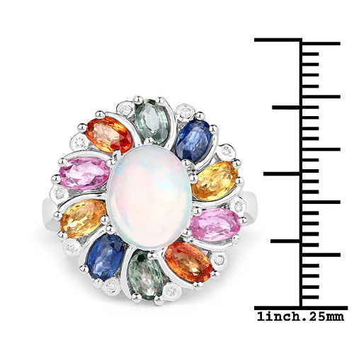 3.92 Carat Genuine Ethiopian Opal, Multi Sapphire and White Diamond .925 Sterling Silver Ring on sale at MyriadMart