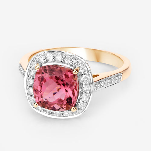 2.71 Carat Genuine Royal Pink Tourmaline and White Diamond 14K Yellow Gold Ring on sale at MyriadMart