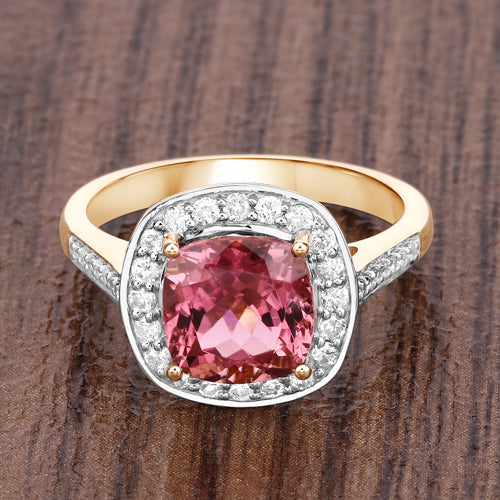 2.71 Carat Genuine Royal Pink Tourmaline and White Diamond 14K Yellow Gold Ring on sale at MyriadMart