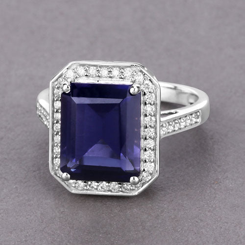 3.70 Carat Genuine Iolite and White Diamond 14K White Gold Ring on sale at MyriadMart
