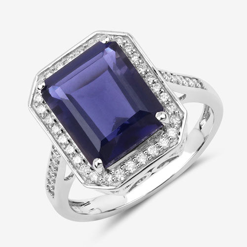 3.70 Carat Genuine Iolite and White Diamond 14K White Gold Ring on sale at MyriadMart