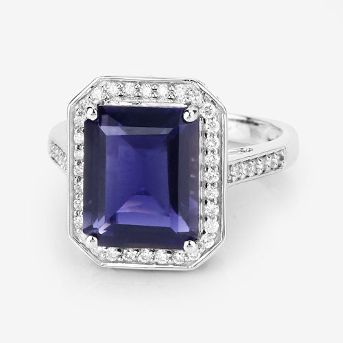 3.70 Carat Genuine Iolite and White Diamond 14K White Gold Ring on sale at MyriadMart