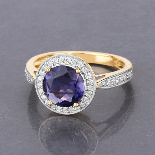 1.79 Carat Genuine Iolite and White Diamond 14K Yellow Gold Ring on sale at MyriadMart