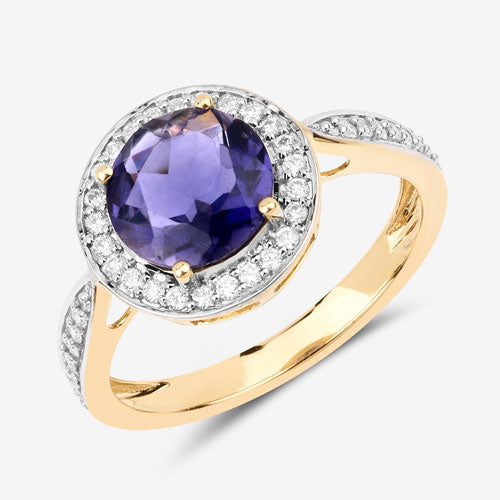 1.79 Carat Genuine Iolite and White Diamond 14K Yellow Gold Ring on sale at MyriadMart