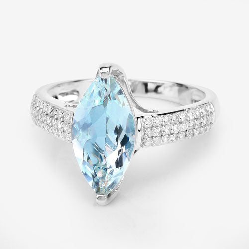 2.09 Carat Genuine Aquamarine and White Diamond 14K White Gold Ring on sale at MyriadMart