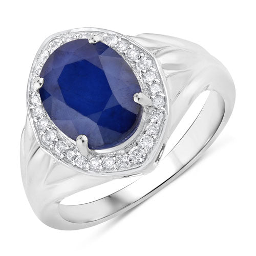 3.31 Carat Genuine Blue Sapphire and White Diamond 14K White Gold Ring on sale at MyriadMart