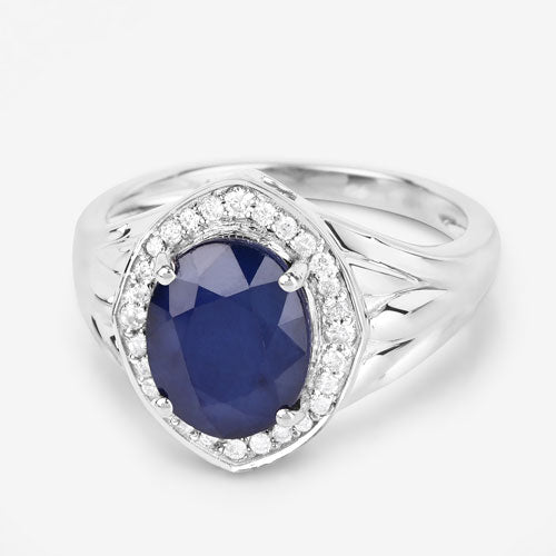 3.31 Carat Genuine Blue Sapphire and White Diamond 14K White Gold Ring on sale at MyriadMart