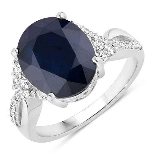 6.54 Carat Genuine Blue Sapphire and White Diamond 14K White Gold Ring on sale at MyriadMart