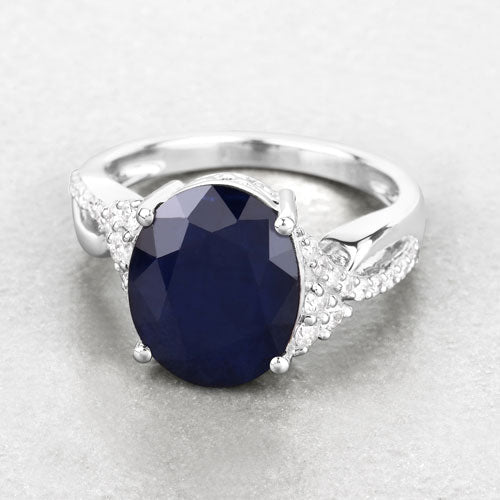 6.54 Carat Genuine Blue Sapphire and White Diamond 14K White Gold Ring on sale at MyriadMart
