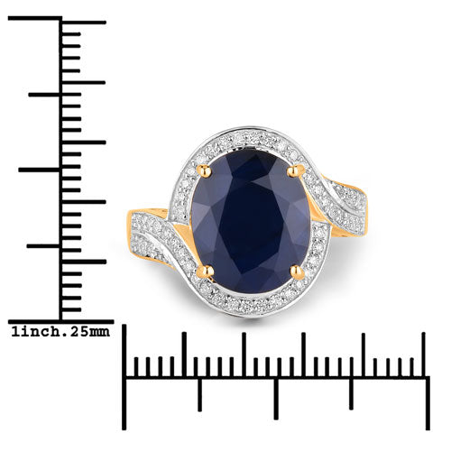 6.52 Carat Genuine Blue Sapphire and White Diamond 14K Yellow Gold Ring on sale at MyriadMart