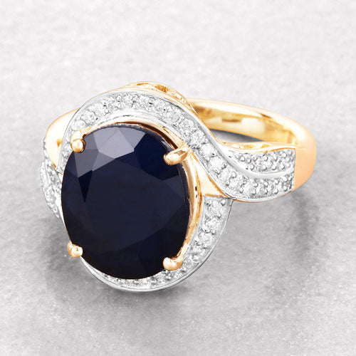 6.52 Carat Genuine Blue Sapphire and White Diamond 14K Yellow Gold Ring on sale at MyriadMart