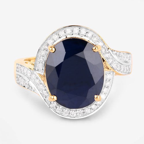 6.52 Carat Genuine Blue Sapphire and White Diamond 14K Yellow Gold Ring on sale at MyriadMart