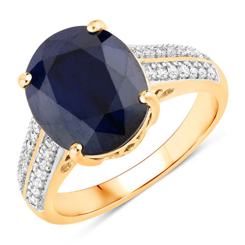 6.49 Carat Genuine Blue Sapphire and White Diamond 14K Yellow Gold Ring on sale at MyriadMart