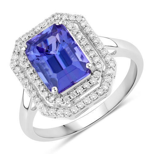 3.32 Carat Genuine Tanzanite and White Diamond 14K White Gold Ring