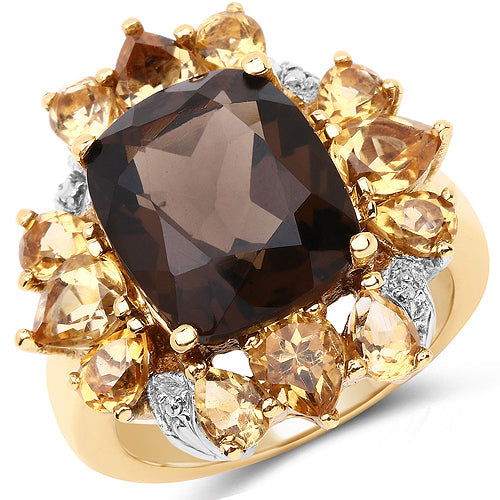 14K Yellow Gold Plated 7.10 Carat Genuine Smoky Quartz, Citrine & White Topaz Brass Ring on sale at MyriadMart