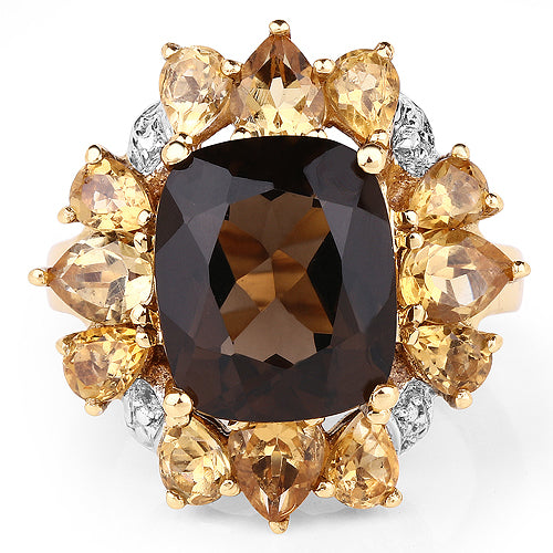 14K Yellow Gold Plated 7.10 Carat Genuine Smoky Quartz, Citrine & White Topaz Brass Ring on sale at MyriadMart