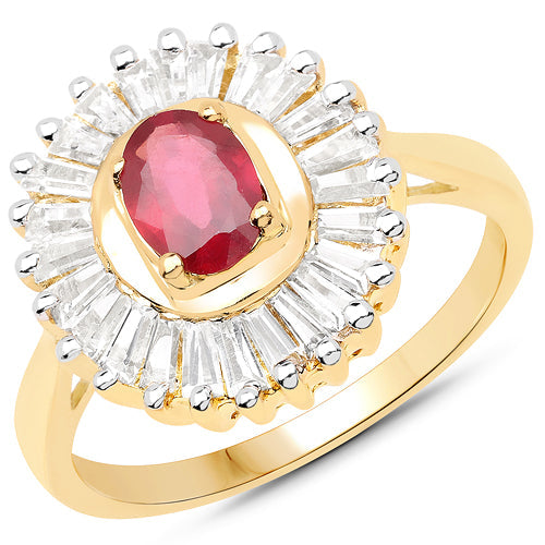 14K Yellow Gold Plated 2.44 Carat Glass Filled Ruby and White Topaz .925 Sterling Silver Ring on sale at MyriadMart