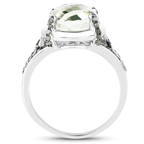 4.06 Carat Genuine Green Amethyst, Green Diamond & White Diamond .925 Sterling Silver Ring on sale at MyriadMart