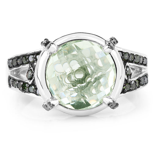 4.06 Carat Genuine Green Amethyst, Green Diamond & White Diamond .925 Sterling Silver Ring on sale at MyriadMart