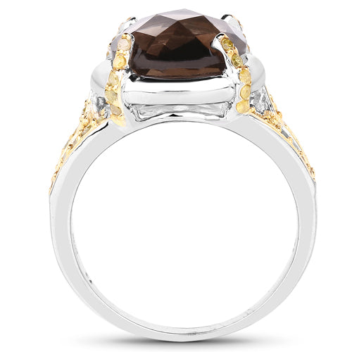 3.28 Carat Genuine Smoky Quartz and Yellow Diamond .925 Sterling Silver Ring on sale at MyriadMart