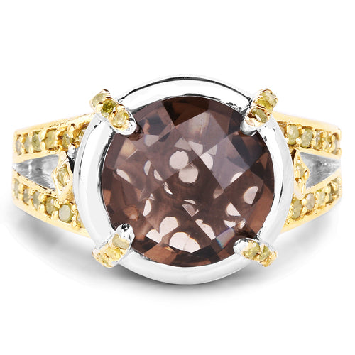 3.28 Carat Genuine Smoky Quartz and Yellow Diamond .925 Sterling Silver Ring on sale at MyriadMart