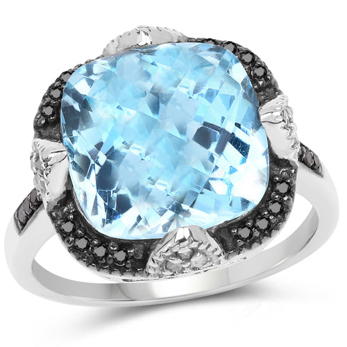 8.29 Carat Genuine Swiss Blue Topaz, Black Diamond & White Diamond .925 Sterling Silver Ring on sale at MyriadMart