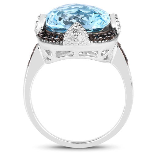 8.29 Carat Genuine Swiss Blue Topaz, Black Diamond & White Diamond .925 Sterling Silver Ring on sale at MyriadMart