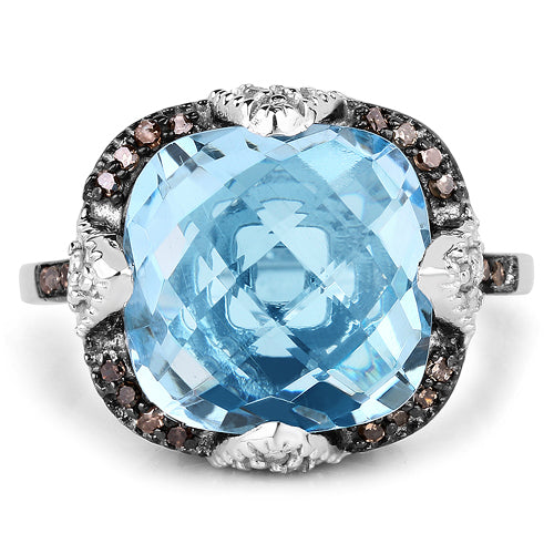 8.29 Carat Genuine Swiss Blue Topaz, Champagne Diamond and White Diamond .925 Sterling Silver Ring on sale at MyriadMart