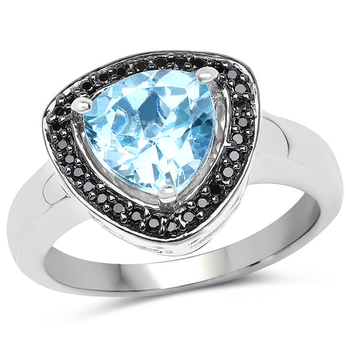 2.06 Carat Genuine Swiss Blue Topaz and Black Diamond .925 Sterling Silver Ring on sale at MyriadMart