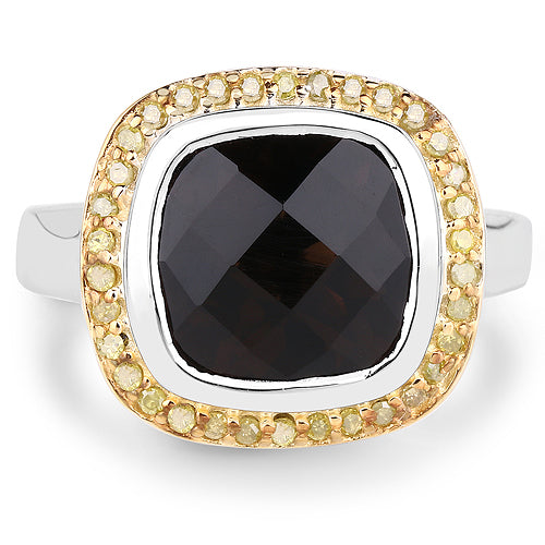 3.67 Carat Genuine Smoky Quartz and Yellow Diamond .925 Sterling Silver Ring on sale at MyriadMart