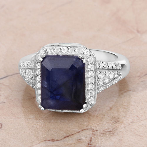 4.80 Carat Glass Filled Sapphire and White Topaz .925 Sterling Silver Ring on sale at MyriadMart