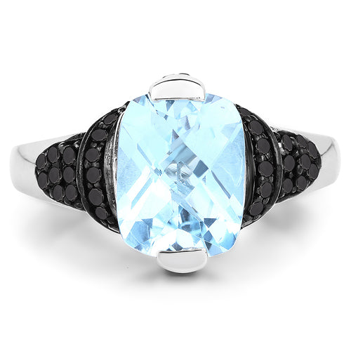 3.81 Carat Genuine Baby Swiss Blue Topaz, Black Diamond and White Diamond .925 Sterling Silver Ring on sale at MyriadMart
