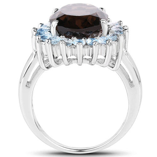 6.79 Carat Genuine Smoky Quartz & Blue Topaz .925 Sterling Silver Ring on sale at MyriadMart