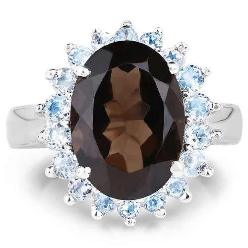 6.79 Carat Genuine Smoky Quartz & Blue Topaz .925 Sterling Silver Ring on sale at MyriadMart
