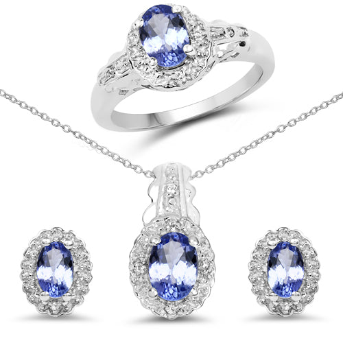 2.46 Carat Genuine Tanzanite and White Topaz .925 Sterling Silver 3 Piece Jewelry Set Ring, Earrings, and Pendant w/ Chain on sale at MyriadMart