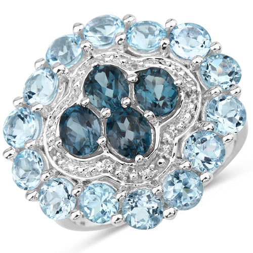 6.54 Carat Genuine London Blue Topaz, Blue Topaz and White Topaz .925 Sterling Silver Ring on sale at MyriadMart