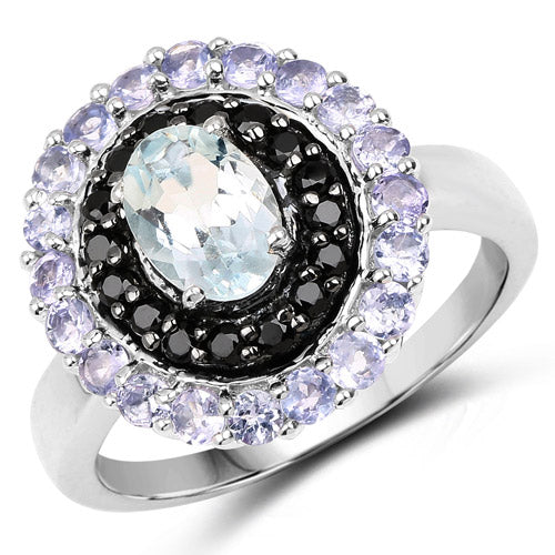 1.77 Carat Genuine Aquamarine, Black Spinel and Tanzanite .925 Sterling Silver Ring on sale at MyriadMart