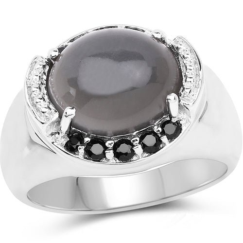 5.68 Carat Genuine Grey Moonstone & Black Spinel .925 Sterling Silver Ring on sale at MyriadMart