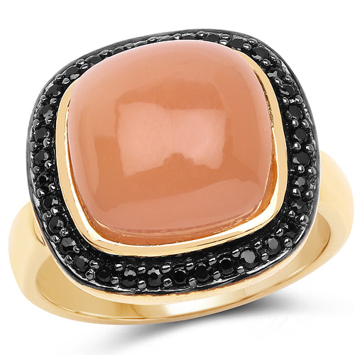 14K Yellow Gold Plated 7.50 ct. t.w. Peach Moonstone and Black Spinel Ring in Sterling Silver on sale at MyriadMart