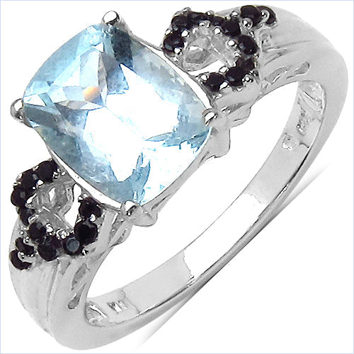 1.92 Carat Genuine Aquamarine & Black Spinel .925 Sterling Silver Ring on sale at MyriadMart