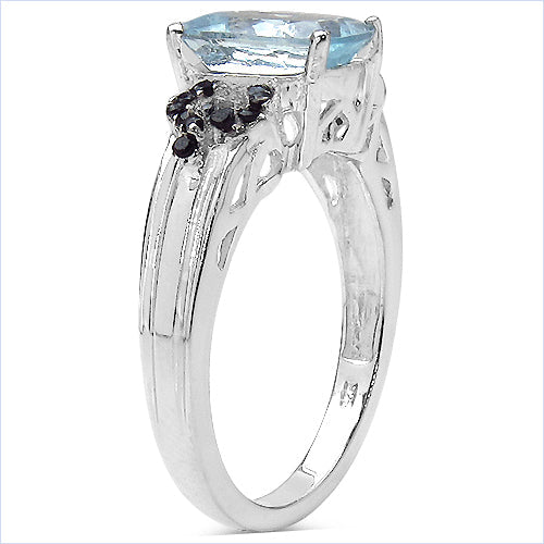 1.92 Carat Genuine Aquamarine & Black Spinel .925 Sterling Silver Ring on sale at MyriadMart