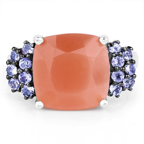 6.18 Carat Genuine Peach Moonstone and Tanzanite .925 Sterling Silver Ring on sale at MyriadMart
