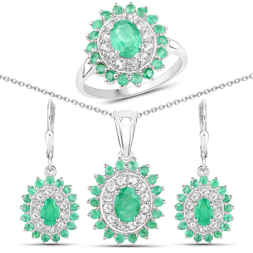 6.53 Carat Genuine Zambian Emerald and White Topaz .925 Sterling Silver 3 Piece Jewelry Set Ring, Earrings, and Pendant w/ Chain on sale at MyriadMart